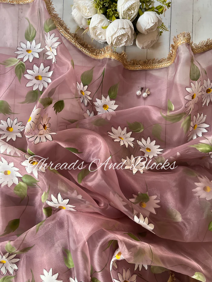 Mauve Daisy Tissue Hand Painted Saree