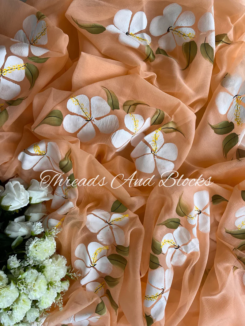 Peach Hibiscus Hand Painted Saree
