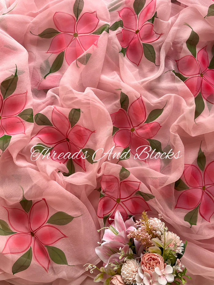 Pink Lily Hand Painted Saree